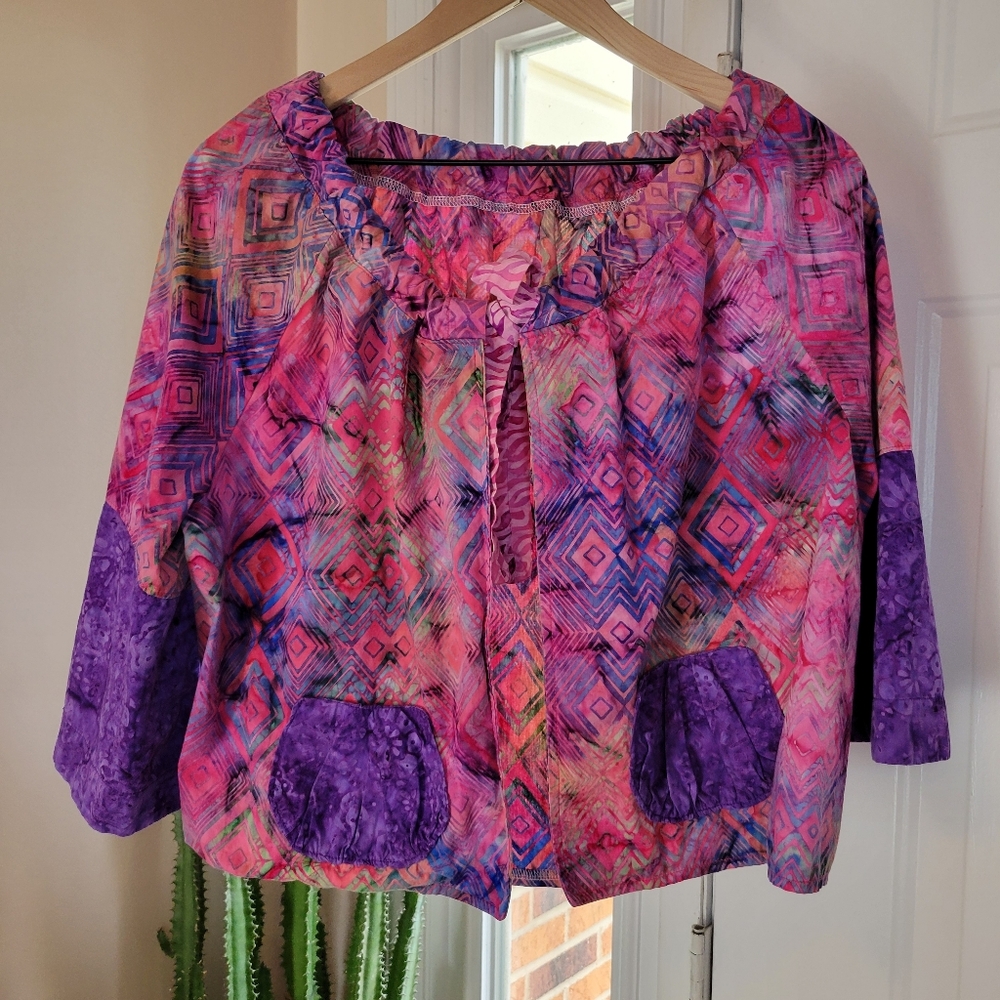 Bohemian Patchwork Duster 3/4 Sleeve Colorful Open Tie‎ Top, Size Womens Large
